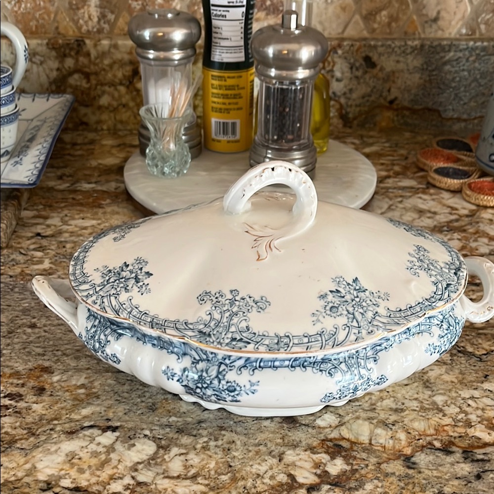 Vintage Blue and White Floral Ceramic Tureen